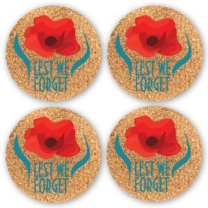Set of 4 Lest we forget Poppy Cork Coasters, Remembrance Day Gift, Home decor, Housewarming gift, Housewares, Kitchenware
