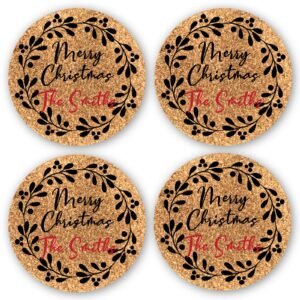 Set of 4 Merry Christmas Wreath, Personalised Cork Coasters, Home decor Gift, Housewarming gift, Housewares, Kitchenware