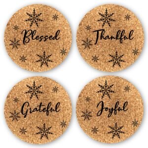 Set of 4 JOY Cork Coasters, Christmas, Holiday, Home decor Gift, Housewarming gift, Housewares, Kitchenware