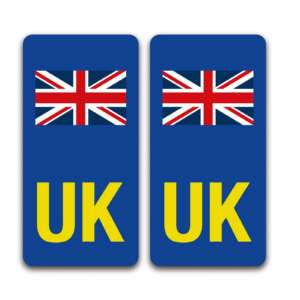 Pack of 2 Yellow UK Motorcycle Number plate with united Kingdom flag, Self-adhesive Vinyl Sticker, post-Brexit signs