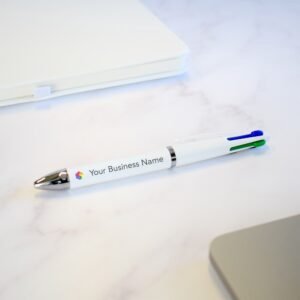 Personalised Four Ink Colour Plastic Barrel Pen – Customisable Promotional Pen with Logo & Text Printing, Ideal for Events & Giveaways